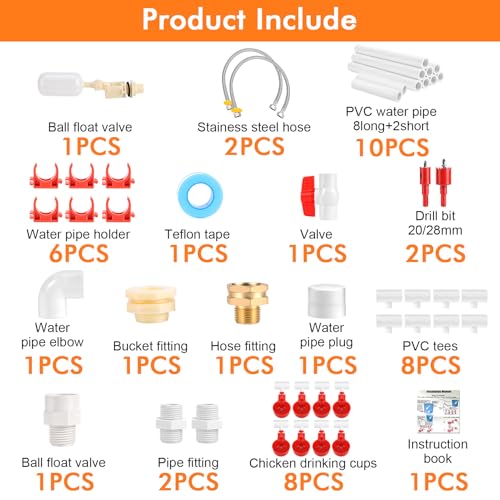 Automatic Chicken Waterer System with PVC Pipeline, Water Cups, Float Valve and Stainless Steel Hoses, Leak-Proof Poultry Watering Kit for Coop, 56 Accessories Included