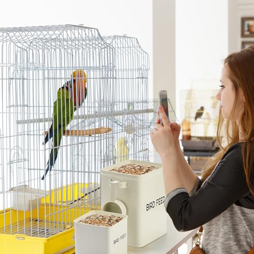 Reallnaive 2 Pcs Metal Bird Seed Container with Scoop, Bird Feed Storage Container with Fitted Lid, Farmhouse Style Ideal Gift for Birds and Pet Owners(White) - color: White
