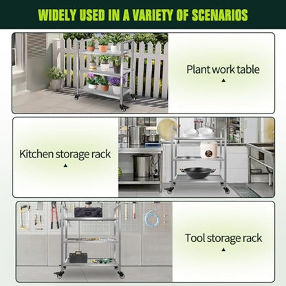 3 Shelf Stainless Steel Cart,400 Lbs,1MM Thick，Serving Cart with Wheels, Household, Service Trolley,360°Rotation Storage Shelf with Locking Wheels 29.5 * 15.7 * 37.4'' L*W*H