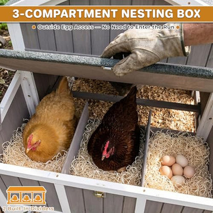 Large 95.3 in Outdoor Chicken Coop with Run & Wheels for 3-6 Chickens | Wooden coop with 3-compartment nesting box, 2 dividers, pull-out tray, UV-resistant roof, predator-resistant wire mesh