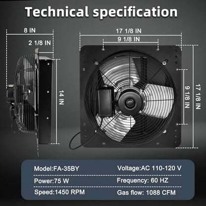Criditpid 14 Inch Pure Copper Shutter Exhaust Fan, Black Through Wall Ventilation Exhaust Fan with ON/OFF Switch for Gable, Home, Shed, Garage, Basement, Kitchen, Attic Ventilation, 1088CFM, 1450RPM. - color: with ON/OFF Switch, size: 14 Inch Exhaust Fan