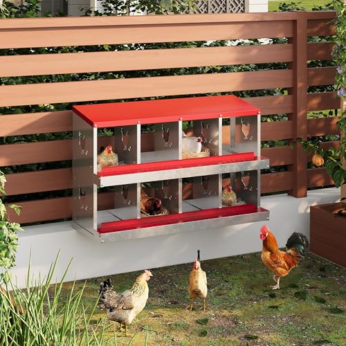 8-Compartment Metal Chicken Nesting Box - with Perch, Secure Lid & Metal Legs, Wall-Mount or Free-Standing Nesting Boxes for Hens - color: red, size: 8 Compartments