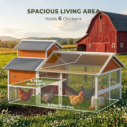 PawHut 79" L Chicken Coop for 6 Chickens Outdoor Wooden Hen House Poultry Cage with Run, 2 Nesting Boxes, Slide-Out Tray, Sliding Rod Door, Roosting Bar, Waterproof Asphalt Roof, Orange