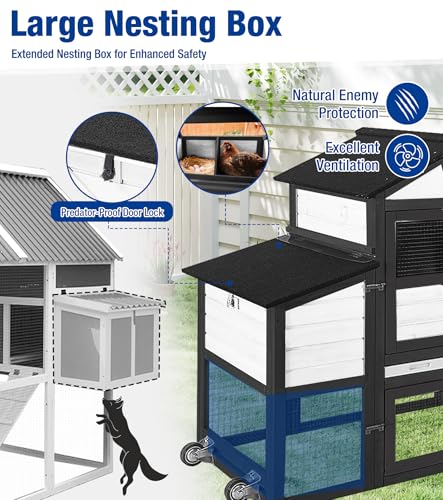 Chicken Coop with Run Mobile Large Chicken Coop with Wheels Duplex Chicken Cage with Slide-Out Tray Waterproof Roof Outdoor Backyard Hen House Black and White - color: Black and White