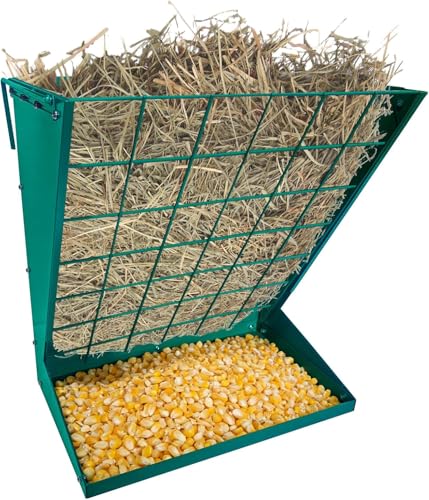 Wall Mount Hay Feeder for Goats, 18.5 Gallon Livestock Feeder with 2.5 Gallon Feed Tray, 2 in 1 Hay and Grain Rack, Heavy-Duty Galvanized Steel Goat Feeders for Sheep, Horses Hanging Indoor/Outdoor - color: Green