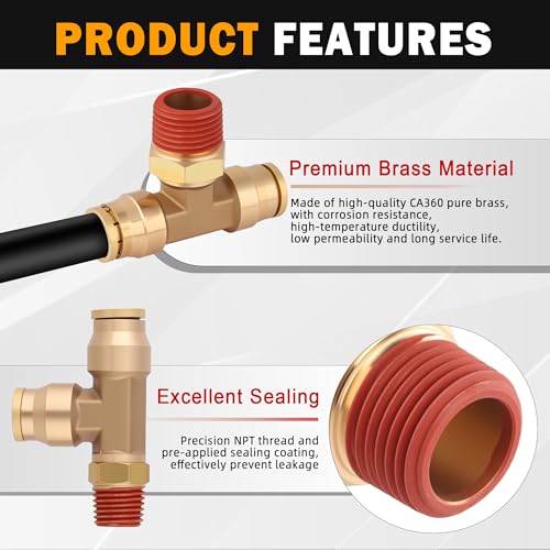 3/8" DOT Air Line Fittings Tee, 3PCS Brass Air Brake Fittings 3/8" Tube OD × 1/8" NPT × 3/8" Tube OD Push to Connect Tee Union to Male Pipe Swivel for Truck Trailers Air Brake System - size: 3/8" OD & 1/8" NPT, style: NPT Tee