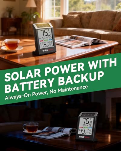 BALDR Indoor Thermometer Hygrometer, Solar Power with Battery Backup, Large Display, Daily Max/Min & Comfort Indicator Humidity Meter（Black） - color: Black