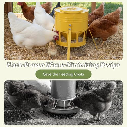 KOL Metal Chicken Feeder - 20lbs No Waste Chicken Feeder with 12 Ports, Powder Coated Rust-Proof Design & Smooth Edges for Safe Feeding (Yellow) - color: Yellow