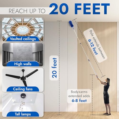 Cobweb Duster, Extendable Reach 20 feet, Ceiling Fan Duster | 3-Stage Aluminum Telescoping Pole | Medium Stiff Bristles | Long Handle Webster Duster for Cleaning | U.S Duster Co.