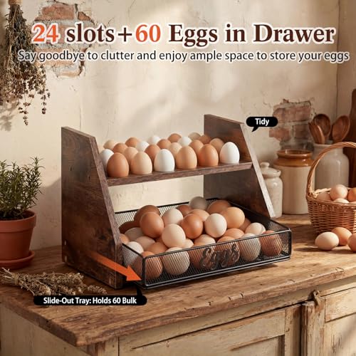 LemonRoad Wooden Egg Holder Fresh Egg Holders with Wire Basket Organizer for Countertop 24+60 Eggs Rustic Kitchen Organizer Basket for Gathering Fresh Chicken/Duck/Quail/Turkey Eggs(Brown)