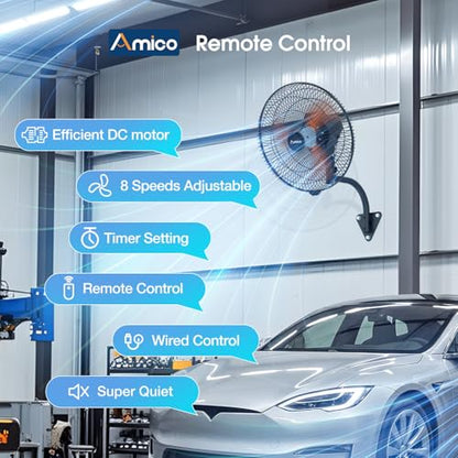 Amico 20" Industrial Wall Mount Fan with Remote Control, 5000 CFM High Velocity Oscillating Wall Mounted Fan, DC Motor Commercial Shop Fan for Garage, Workshop, Gym, Patio, Indoor/Outdoor