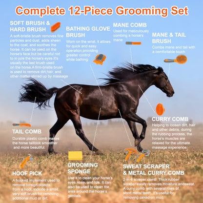 Professional Horse Brush Kit with Storage Tote, 12-Piece Grooming Set for Daily Stable Care, Includes Curry Comb, Hoof Pick & Mane Brush - color: Grey