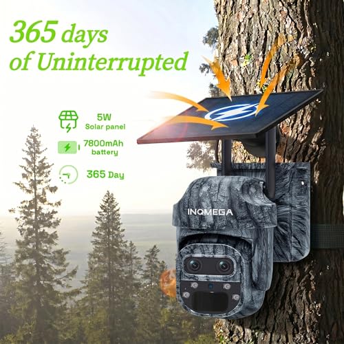 Trail Camera, No WiFi Needed Security Camera, 355° PTZ Outdoor Camera with 12X Zoom, Monitor Anywhere, Color Night Vision, PIR Motion Detection, 7800mAh Battery，IP66