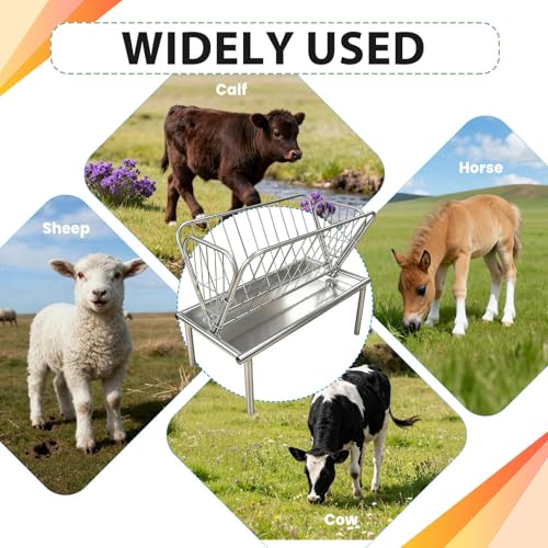 4FT Long Pasture Hay Feeder, 2 in 1 Durable Hay Feeder with Galvanized Steel Frame,Goat Hay Feeder with 6 in Deep Extra Feeding Pan, Livestock Feeder for Goats, Sheep and Horses, Silver - color: Silver