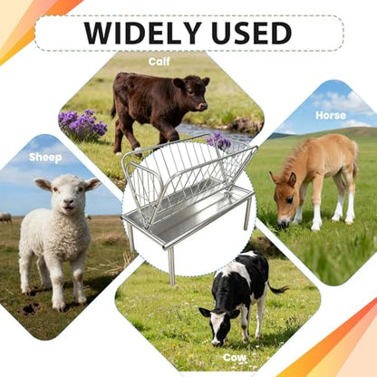 4FT Long Pasture Hay Feeder, 2 in 1 Durable Hay Feeder with Galvanized Steel Frame,Goat Hay Feeder with 6 in Deep Extra Feeding Pan, Livestock Feeder for Goats, Sheep and Horses, Silver - color: Silver