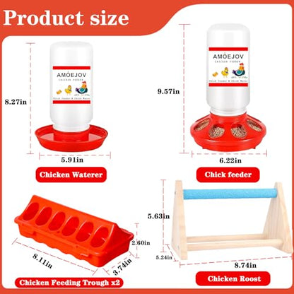 Chick Feeder and Waterer Kit,Automatic Chicken Feeder and Waterer Set with Chick Perch & Chicken Hats for Hen, for Baby Chicks, Ducks, and Quail.Chicken Coop Accessories