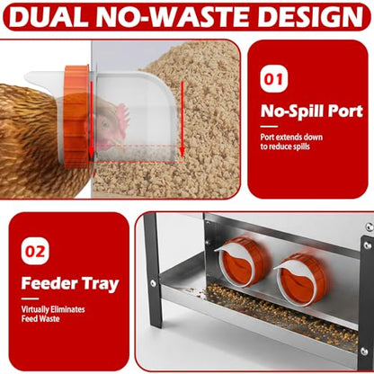 75LB Large Automatic Chicken Feeder with 8 Ports, Dual No Waste Design Metal Chicken Feeders with Locking Lid & Riveted Handles- Waterproof Poultry Feeder for Chickens, Ducks, Geese - size: 8 Ports
