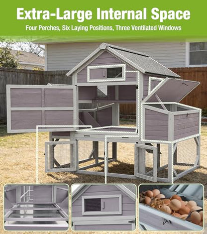 GUTINNEEN Extra Large Chicken Coop with Run 6 Nesting Boxes 4 Perches Weatherproof Outdoor Backyard Hen House with 3 Ventilated Windows and Multiple Access Doors 134" L Gray - size: 134.5"L x 59.0"W x 62.4"H