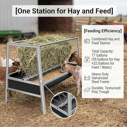 Stainless Steel Hay Feeder for Goats, 77-Gallon Livestock Feeder with 22-Gallon Rubber Feeding Pan, 33.4" Anti-Waste Rack for Sheep, Miniature Horses and Small Farm Animals - color: black and white