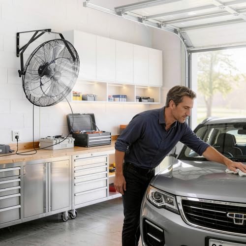 VEVOR Wall Mount Fan, 20 in Wall Mounted Hanging Fan with Mist, IP44-rated Protection, 3-Speed, Long Airflow Distance, Adjustable Rotation Angle, Powerful for Industry, Commercial, Garage, Workshop - size: 20In-Misting