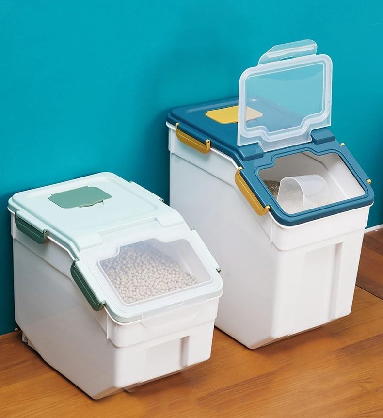 Large Flour Storage Container Bin 25lb, 4 Pack Airtight Rice Storage Containers with Wheels Seal Locking Lid, BPA Free, with Measuring Cup |Scoop, for Beans, Sugar, Grain, Dry Food - Green - color: 4Pcs 25LB Green