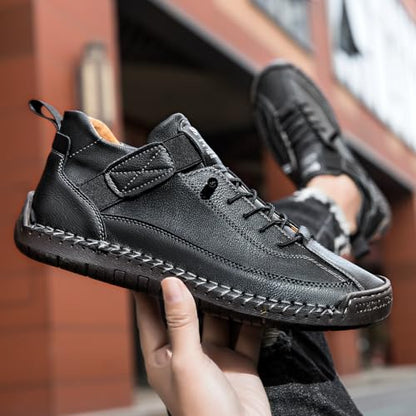 Womens Hand Stitching Leather Slip-On Ankle Boots with Adjustable Elastic Band Casual Lightweight Non-Slip Walking Loafers Retro High Top Flat Boat Shoes - color: Black, size: 6 Wide