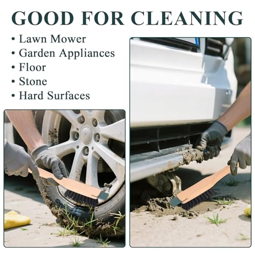 2 Pcs Lawn Mower Stiff Bristle Brush, Heavy Duty Hardstiff Bristle Brush with Scraper Wooden Handles Widely Used for Deck, Machine, Concrete Cleaning