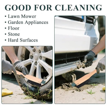 2 Pcs Lawn Mower Stiff Bristle Brush, Heavy Duty Hardstiff Bristle Brush with Scraper Wooden Handles Widely Used for Deck, Machine, Concrete Cleaning