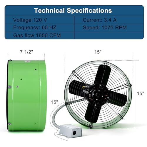 Criditpid 15" Gable Mount Vent Attic Fan for Gable, Home, Shed, Garage, Portable Building, Exhaust Ventilation Fan with Adjustable Thermostat 1650CFM, 1075RPM, 3.4A, 2500 Sq.Ft Coverage Area, Green. - color: 1650CFM