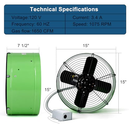 Criditpid 15" Gable Mount Vent Attic Fan for Gable, Home, Shed, Garage, Portable Building, Exhaust Ventilation Fan with Adjustable Thermostat 1650CFM, 1075RPM, 3.4A, 2500 Sq.Ft Coverage Area, Green. - color: 1650CFM