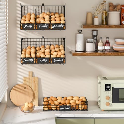 X-cosrack Egg Holder Countertop, 3 Tier Egg Rack with Labels Dividers to Separate Eggs, Stackable Wire Baskets for Fresh Egg, XXL Egg Dispenser for Countertop/Wall-Mounted (Patent Pending) - color: Black