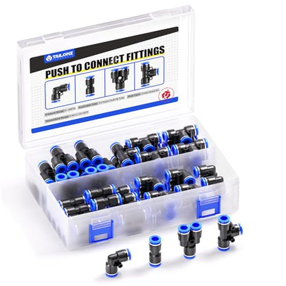 TAILONZ PNEUMATIC 1/4 Inch od Push to Connect Fittings Pneumatic Fittings Kit 10 Spliters+10 Elbows+10 tee+10 Straight (40 pcs) - color: Blue, size: 1/4"OD/40PCS