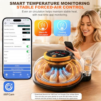 12-Egg Smart WiFi Egg Incubator with 1080p HD Camera, App Control, Auto Turner, Built-in Candler, Temp & Humidity Control, 360° View for Chicken Duck Quail, STEM Toy, 8GB SD Card Included