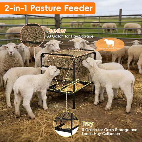 Hay Feeder, 35 Gallon Heavy-Duty Pasture Feeder, Metal Livestock Feeder for Ponies, Goats, and Sheep, Outdoor Pasture Grain and Hay Feeding Trough