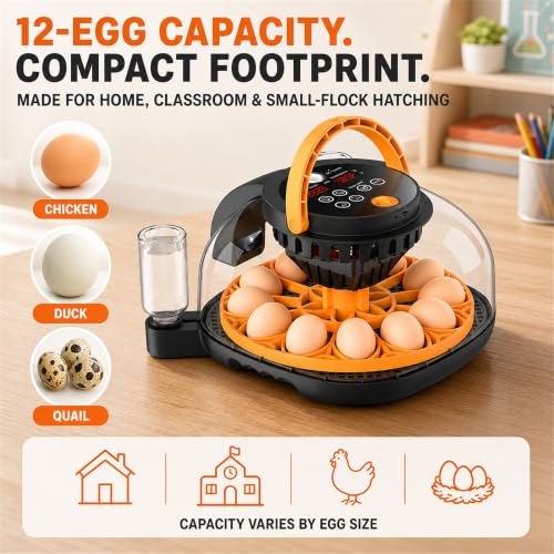 12-Egg Smart WiFi Egg Incubator with 1080p HD Camera, App Control, Auto Turner, Built-in Candler, Temp & Humidity Control, 360° View for Chicken Duck Quail, STEM Toy, 8GB SD Card Included