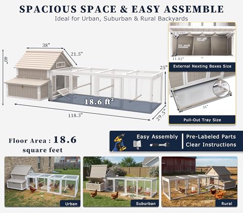 Gowoodhut Chicken Coop with Run for 2–6 Chickens Large Outdoor Backyard Hen House for Beginners Weatherproof Wooden Poultry Cage with Nesting Boxes Perches & Easy-Clean Tray - size: 118.3"L x 61.1"W x 40.0"H