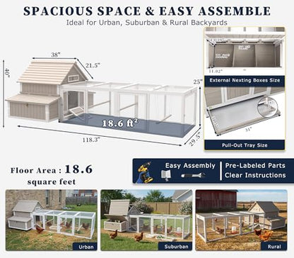 Gowoodhut Chicken Coop with Run for 2–6 Chickens Large Outdoor Backyard Hen House for Beginners Weatherproof Wooden Poultry Cage with Nesting Boxes Perches & Easy-Clean Tray - size: 118.3"L x 61.1"W x 40.0"H