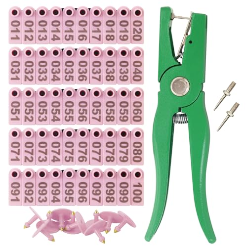 Sheep Ear Tag 001-100 Number Plastic Livestock Tags Goat with Punch Applicator Plier Tools and 2Pcs Ear Tag Pins (Pink, 101-200) - color: Pink, size: 101-200