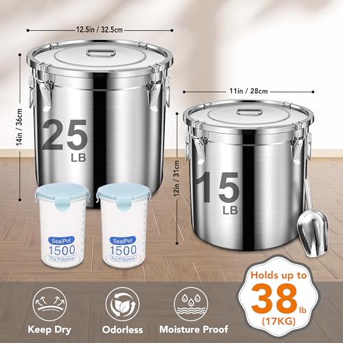Newget Dog Food Storage Containers, Large Stainless Steel Pet Food Storage Containers 38 lb / 17 kg to Keep Fresh, Metal Airtight Cat Food Containers With Scoop and 2 Small Containers - size: 38 lb