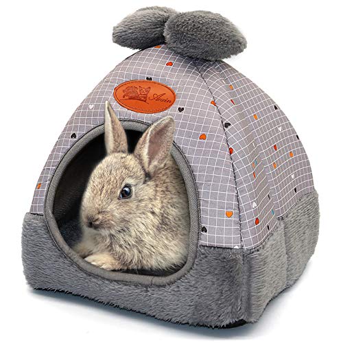 YUEPET Bunny Bed Warm Guinea Pig Cave Beds Cute Bowknot House Big Hideouts Cage Accessorie for Dwarf Rabbits Hamster Bunny Ferrets Rats Hedgehogs Chinchilla (Grey Grid)