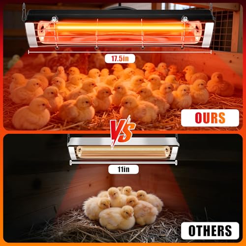 17.5 Inch Extra Long Heat Lamp for Chickens, 300W Carbon Fiber Chicken Coop Heater for Winter, Adjustable Temp & Height Chicken Heat Lamp for Poultry Dog Cat, No Installation & Long-Lasting 10000H