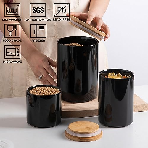 Sweejar Ceramic canisters for kitchen counter,Stackable Food Containers Set with Airtight Seal Bamboo Lid for Serving Ground Coffee, Tea, Spice, Flour and Sugar-Set of 3 (Black) - color: Black, style: 16/28/58 Fl Oz (Set of 3)