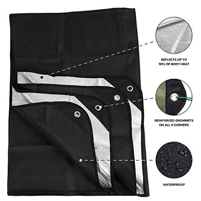 Arcturus Insulated Tarp, Reusable Heavy Duty Thermal Survival Blanket – 60x82in, Reflects 90% Body Heat, Waterproof, Windproof, 3-Layer Design, Reinforced Grommets, Black - color: Black
