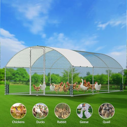 Large Metal Chicken Coop, Chicken Run with Feeding Door, Security Lock and Cover, Outdoor Walk-in Duck/Rabbit Cage Poultry Pen for Backyard, Farm, Yard (Silver - Dome Roof, 19.7 x 9.8 x 6.6 FT) - size: 236.0"L x 118.0"W x 78.7"H