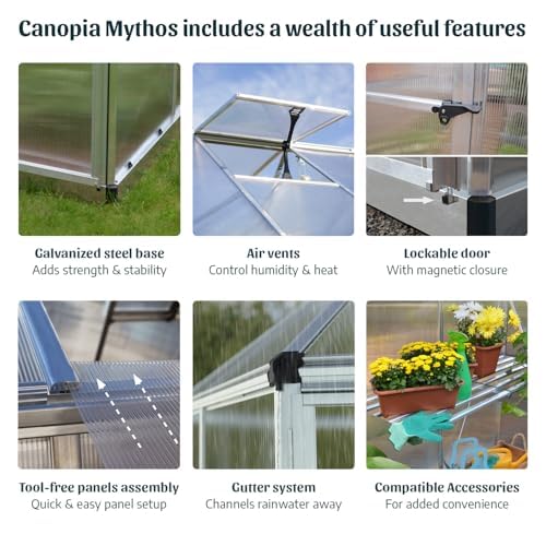 Canopia 6x4 Greenhouse Kit, Hobby Walk-In Twin-Wall UV Polycarbonate Heavy Duty Aluminum Frame, Lockable Door, Adjustable Roof Vent, Rain Gutters, Galvanized Steel Base, Canopia Mythos (Silver) - color: Silver, size: 6 Ft. x 4 Ft.