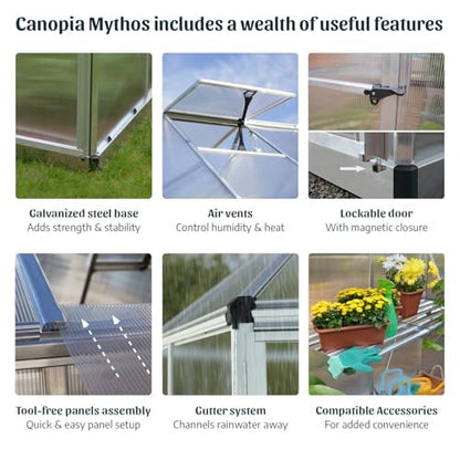 Palram - Canopia 6x14 Greenhouse Kit, Hobby Walk-In Twin-Wall UV Polycarbonate Heavy Duty Aluminum Frame, Lockable Door, Adjustable Roof Vent, Rain Gutters, Galvanized Steel Base, Mythos (Gray) - color: Silver, size: 6 Ft. x 14 Ft.