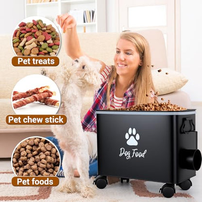 Dog Food Container 13lb, Cute Airtight Pet Food Storage Containers with Metal Lid Scoop, Black Metal Storage Bin for Dog/Cat with Wheels,Easy to Move - color: Black-L
