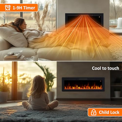 70" Electric Fireplace, Recessed, Wall Mounted and Freestanding Fireplace Heater, Adjustable Flame Color, Speed & Brightness, Thermostat, 9H Timer, Child Lock - size: 70"