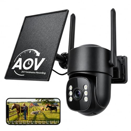 4G LTE Solar Security Camera, No WiFi or Power Needed, AOV 24/7 Continuous Recording, 2K Color Night Vision, Person Detection, Pan Tilt, Two-Way Talk for Farm, Jobsite, Cabin, Remote Property