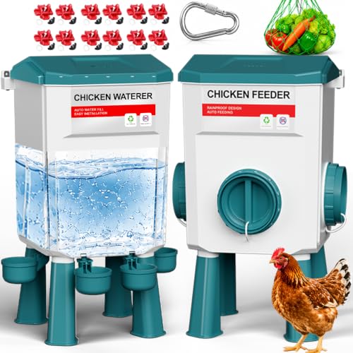 Chicken Feeder and Waterer Set, Automatic No Waste Poultry Feeding System, 26.5 lb Feeder & 11L Waterer, 4-in-1 Chicken Coop Kit with Vegetable Holder for Chickens, Ducks & Quail - size: 3 Gallon Upgraded